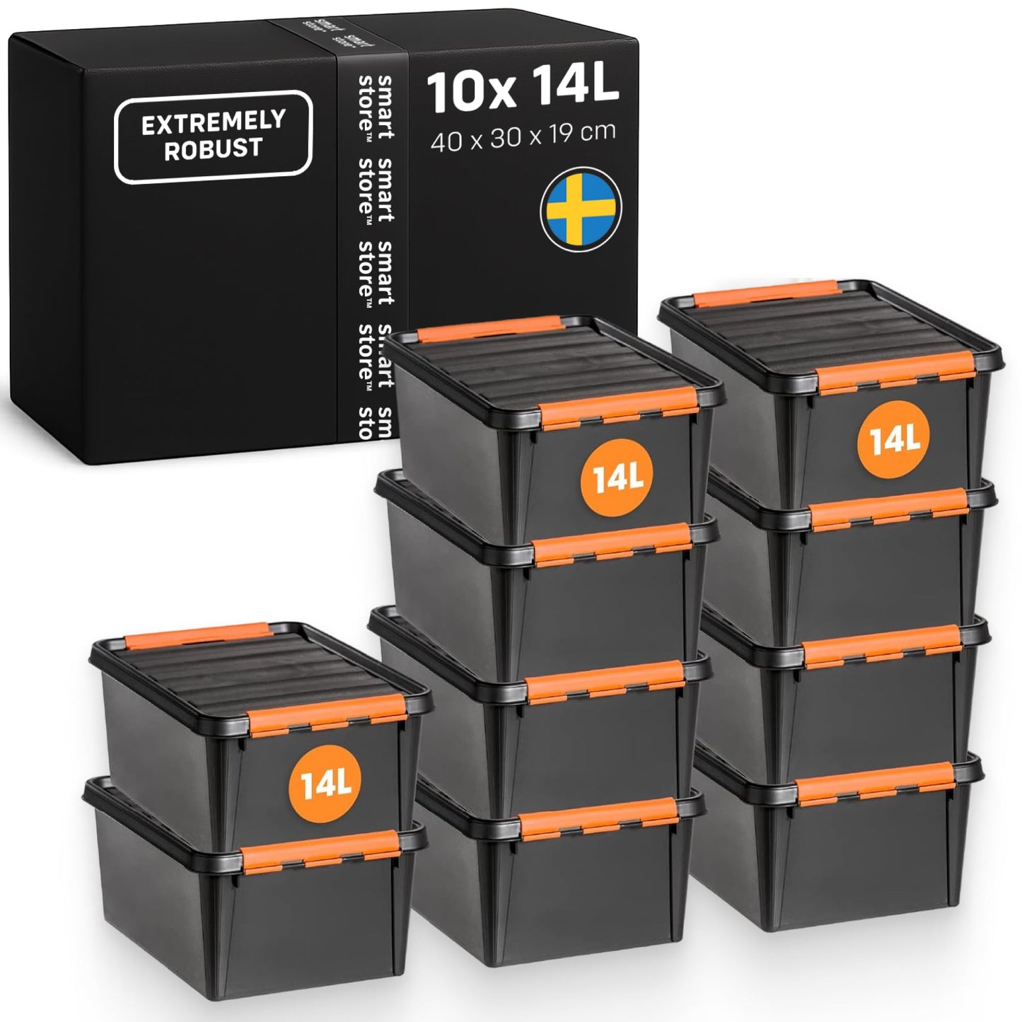 SmartStore extra-durable plastic storage boxes with lids | 14 L | 10-pack | Stackable bins with clip locks for tools, garage, or moving | BPA-free