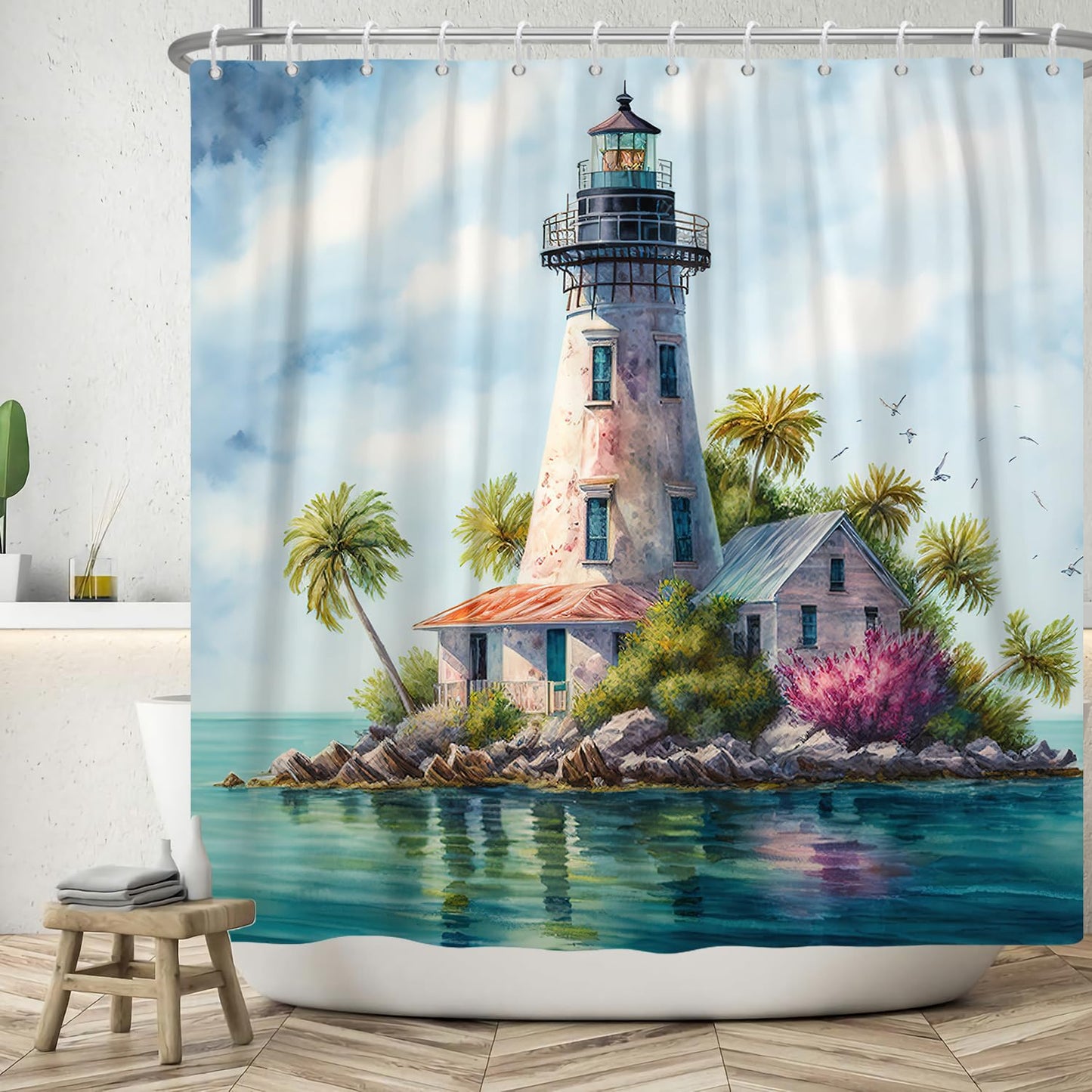 ASDCXZ Shower Curtain 180x180 cm, Modern Art Watercolor Blue Ocean Small Island Lighthouse Palm Trees Bird Washable Shower Curtains Polyester Textile