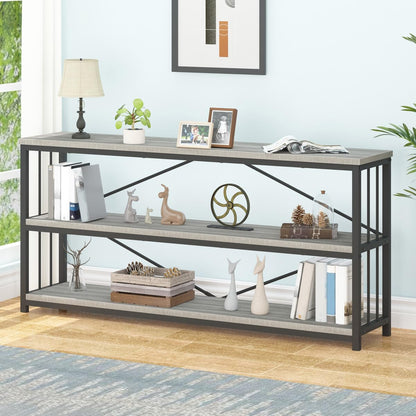 IBF Low Long Horizontal Bookshelf, Industrial Modern 3 Tier Etagere Bookcase, Large Wide Open Rustic Metal and Wood Grey Book Shelf for Bedroom