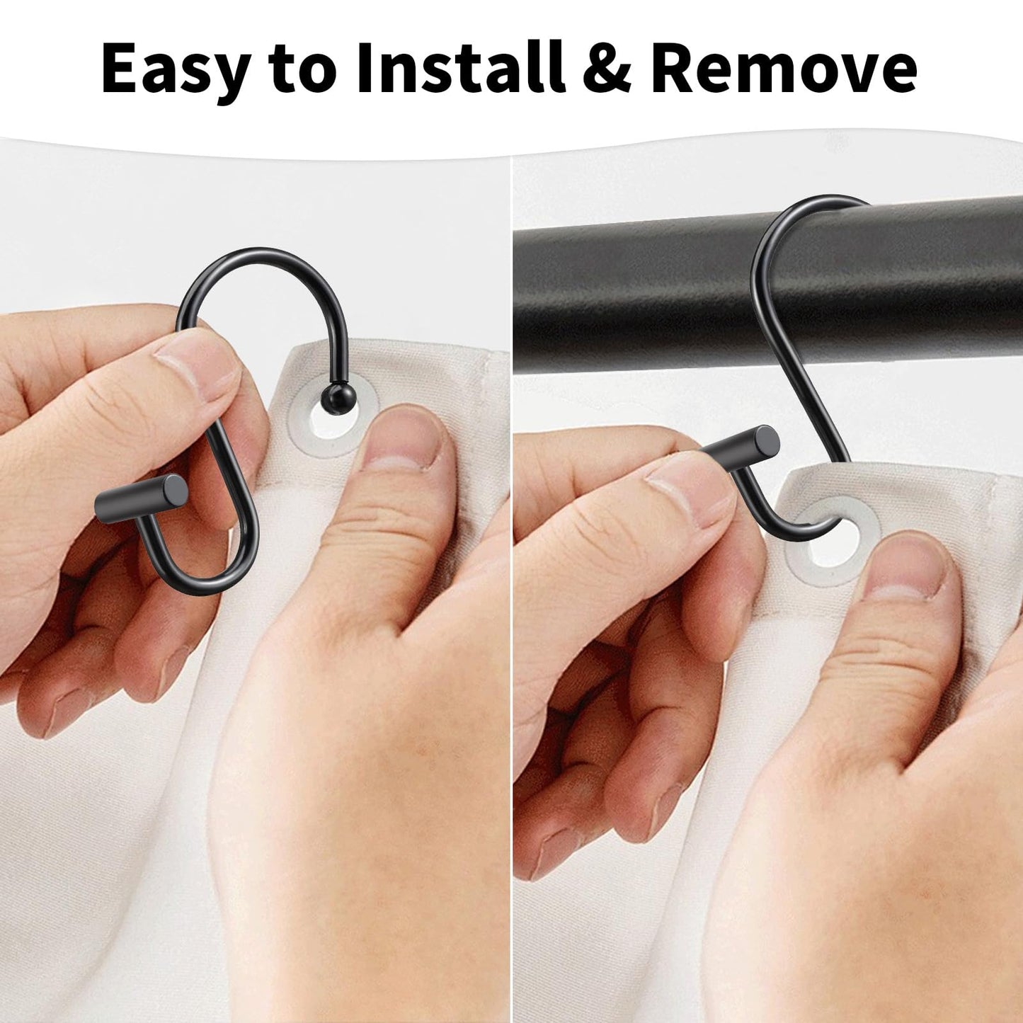 AURIVISTA 12 Pack Shower Curtain Hooks, Rust Proof T-Bar Rings, Black