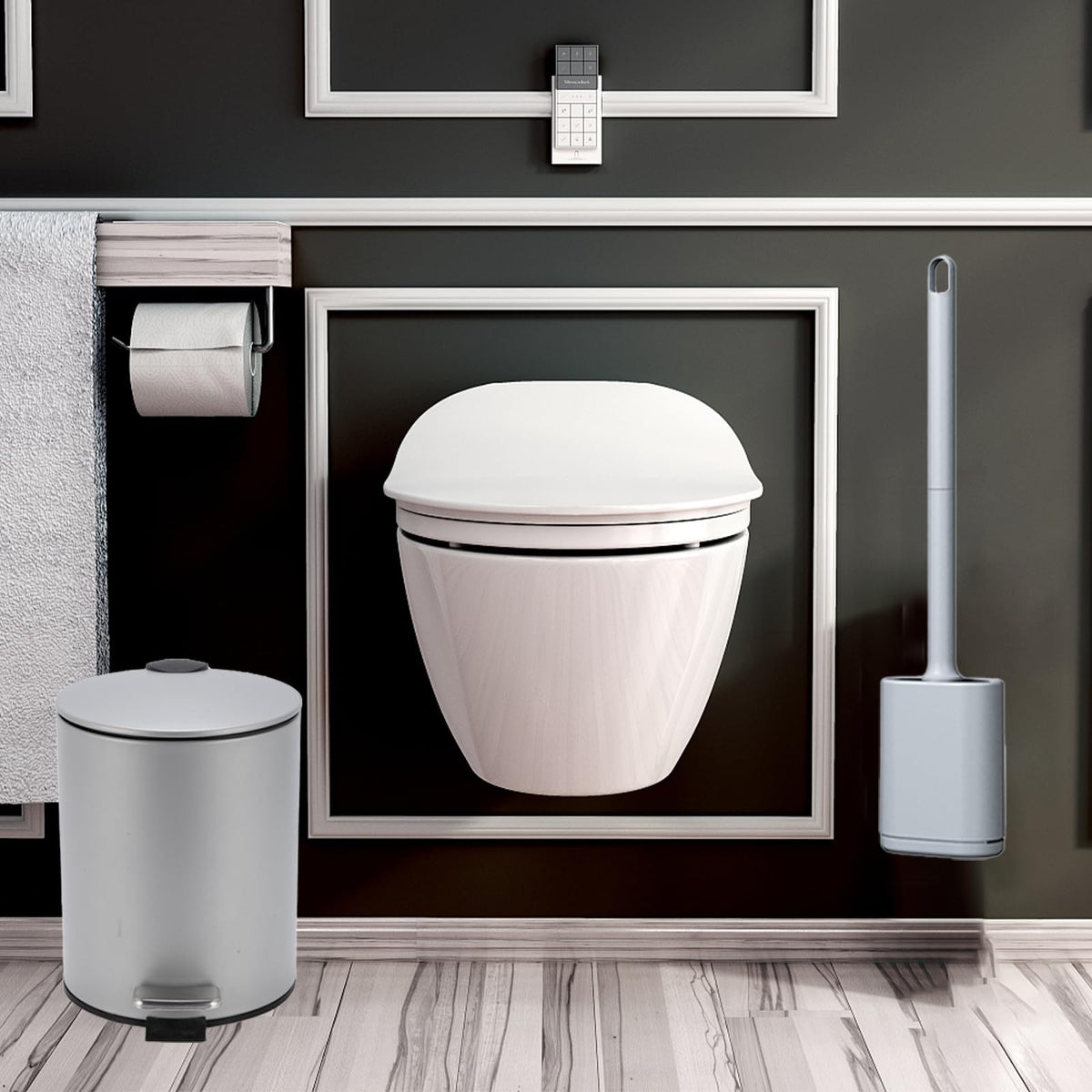 Bathroom Bin with Loo Brush Set, 3L Slim Round Stainless Steel, Grey