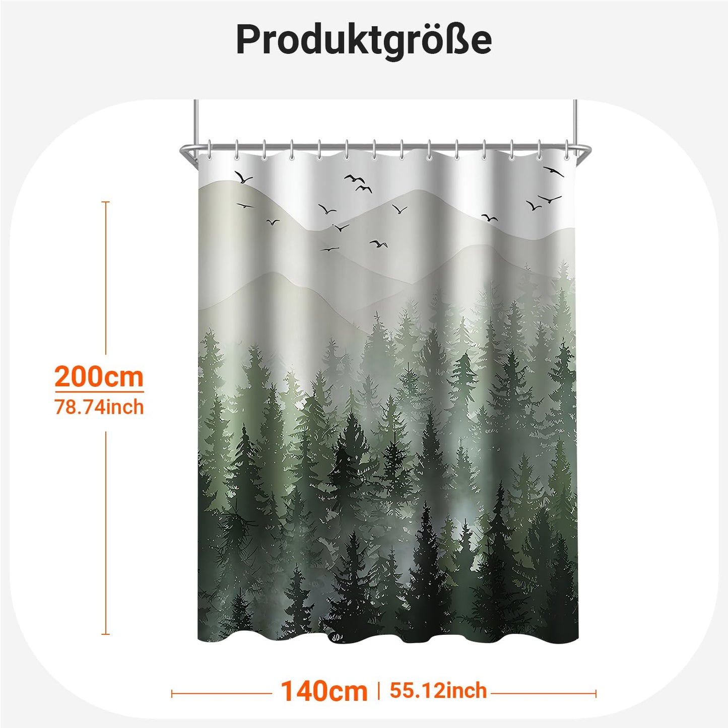 Lerores Shower Curtain 140 x 200 cm, Forest Anti-Mould Textile, Weighted Hem, Water-Repellent