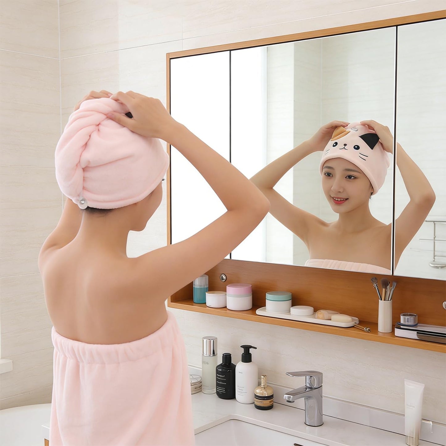 hankousi 1Pcs Microfibre Hair Turban, Quick Dry Adjustable Button and Elastic Strap Drying Towel with Cute Cat Design Pink Coral Fleece Wrap for