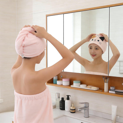 hankousi 1Pcs Microfibre Hair Turban, Quick Dry Adjustable Button and Elastic Strap Drying Towel with Cute Cat Design Pink Coral Fleece Wrap for