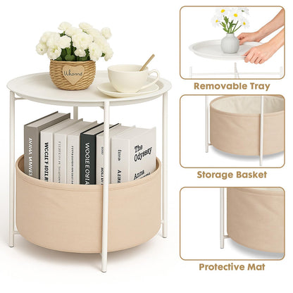 Rinkgarden Round Side Table with Fabric Basket, Modern and Sturdy, Metal End Table for Living Room, Bedroom, Bedside Table, Nursery