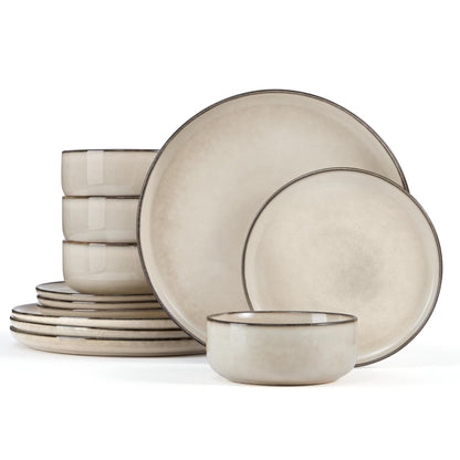 Homikit 12 Piece Dinner Set, Reactive Glaze Kitchen Dinnerware Sets for 4, Elegant Stoneware Included Plates and Bowls, Non-Scratch & Sturdy,