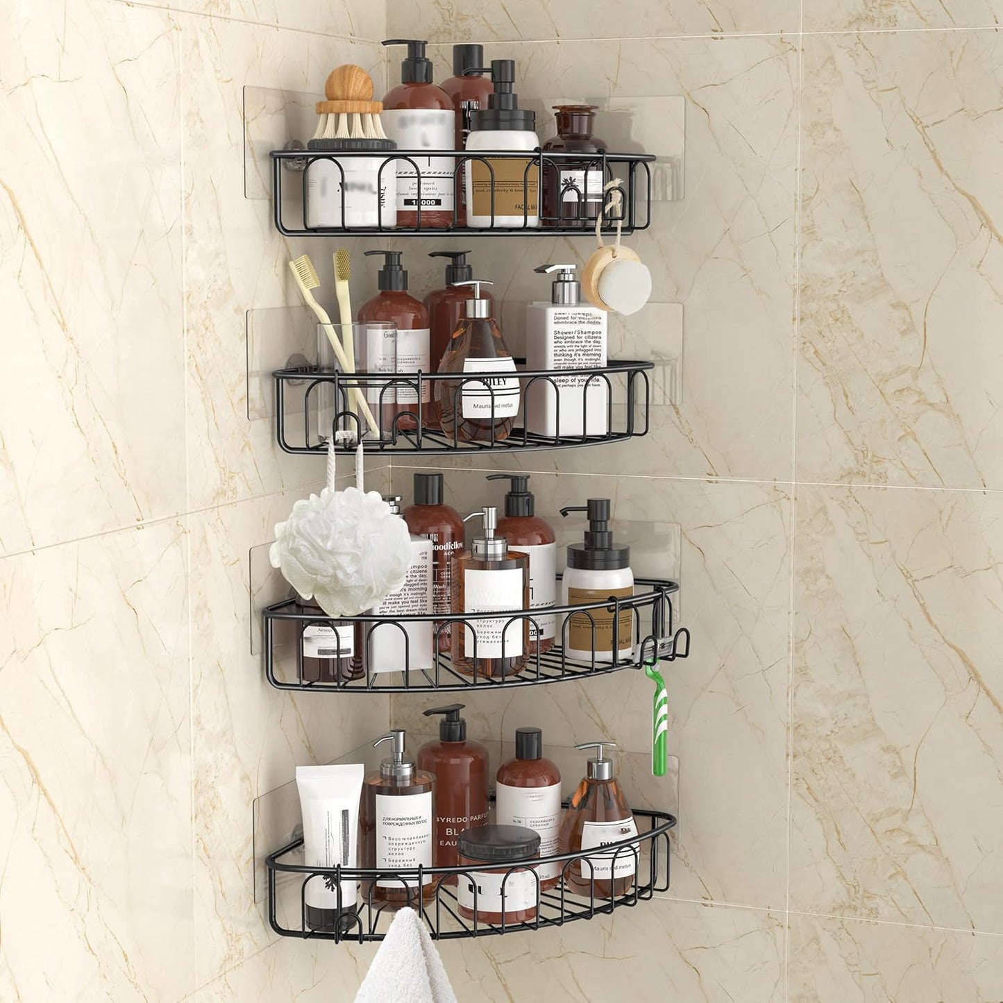 Orimade Corner Shower Caddy Stainless Steel 4 Pack No Drilling,Bathroom Shelf Storage for Inside Shower,Rustproof Black