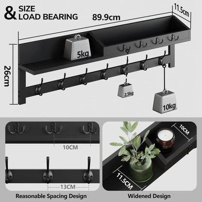 AMBIRD 89cm Wall-Mounted Coat Rack, Large Coat Hanger, Entryway Shelf with 7 Dual Hooks and 4 Key Hooks, Mail Organiser, Wooden Key Holder (Black)