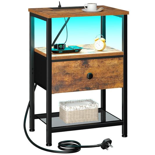 LOAKEKEL Bedside Table with Charging Station, Small Sofa Side Table with LED Light, Bedside Cabinet with Fabric Drawer and Open Storage Shelf,