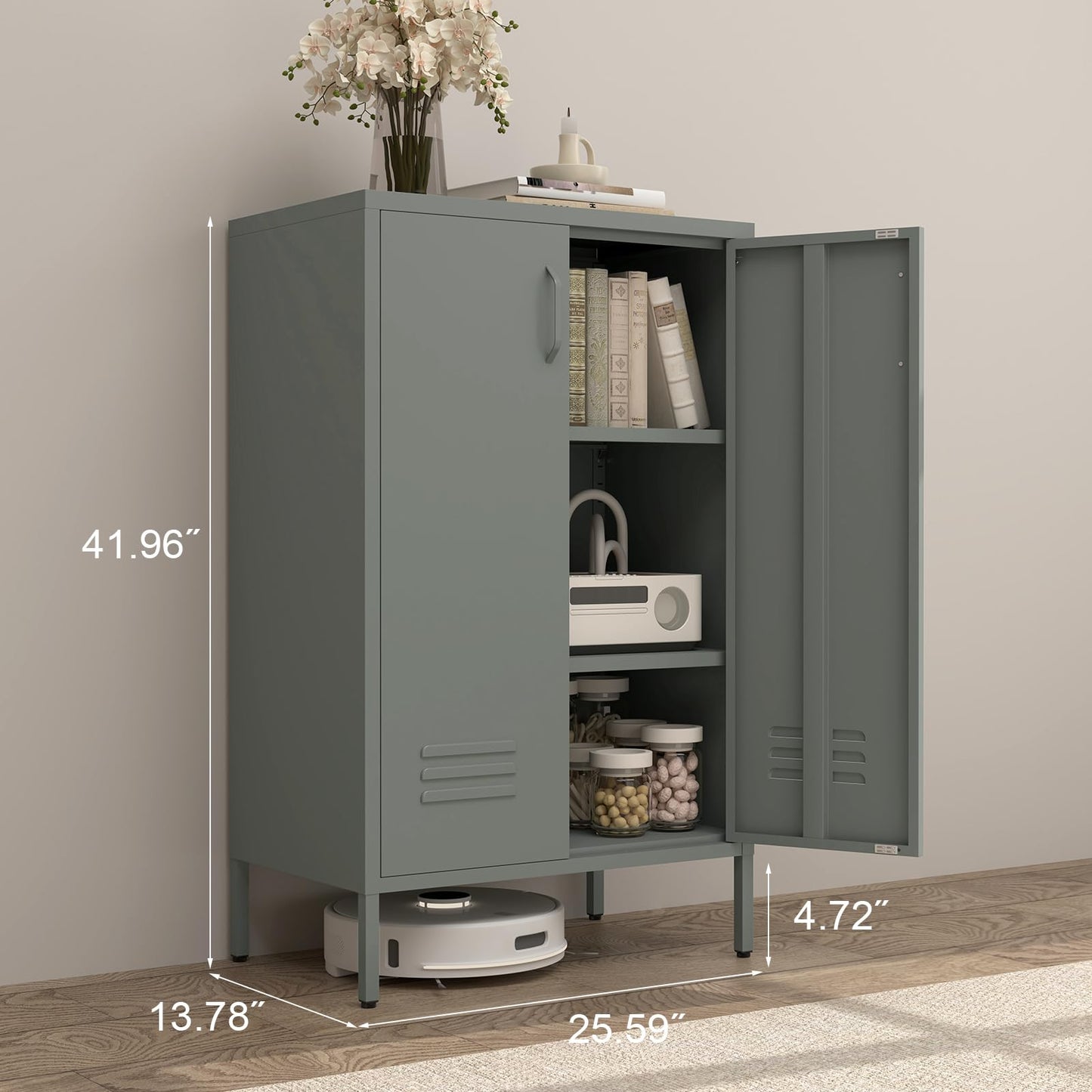 GREATMEET Metal Locker Storage Cabinet, Accent Storage Cabinet, Metal Pantry Cabinet with Doors,Locker Cabinet for Living Room,Kitchen,Office,Grey