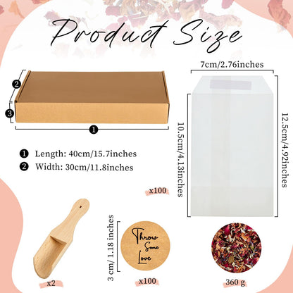Tenare 100 Sets Wedding Confetti Bags Kit with Display Box for 100 Guests, Includes Glassine Confetti Bags Natural Dried Rose Petals and Stickers