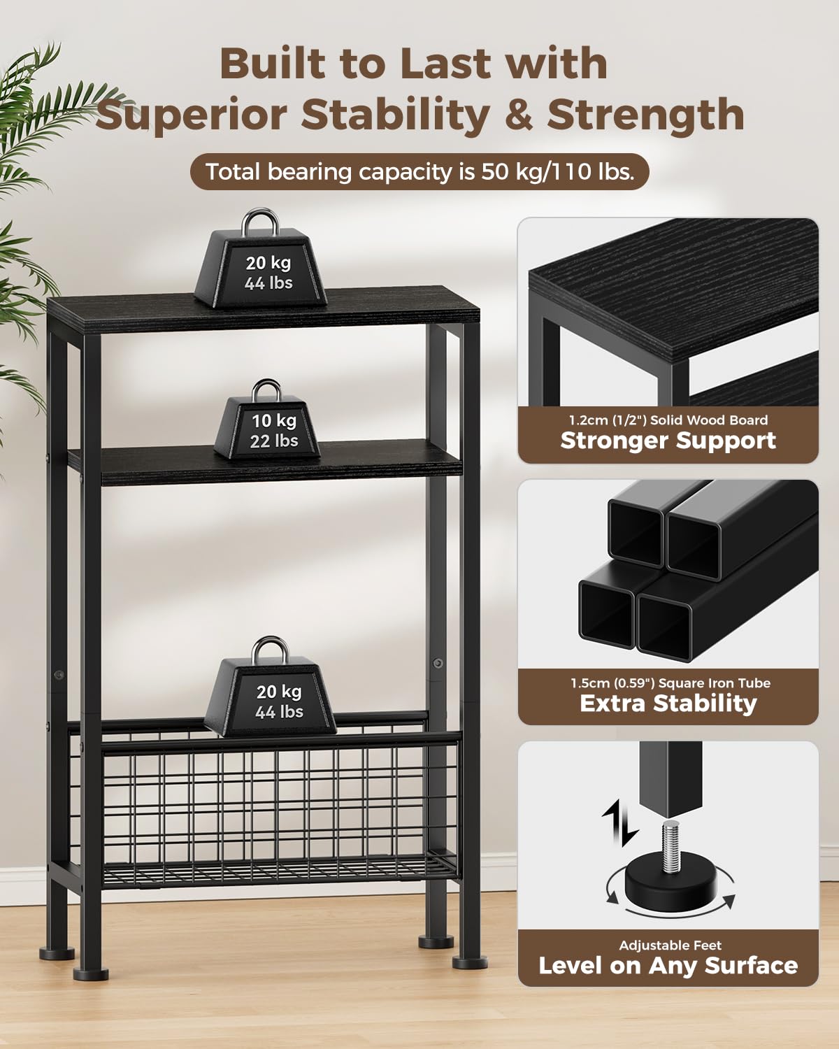 Yuede Narrow Side Table with Magazine Rack, 3-tier Slim Bedside Table, Small End Table for Living Room, Bedroom, MDF & Metal Frame (Black)