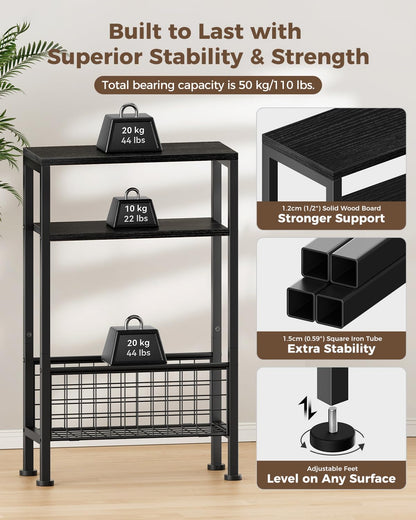 Yuede Narrow Side Table with Magazine Rack, 3-tier Slim Bedside Table, Small End Table for Living Room, Bedroom, MDF & Metal Frame (Black)