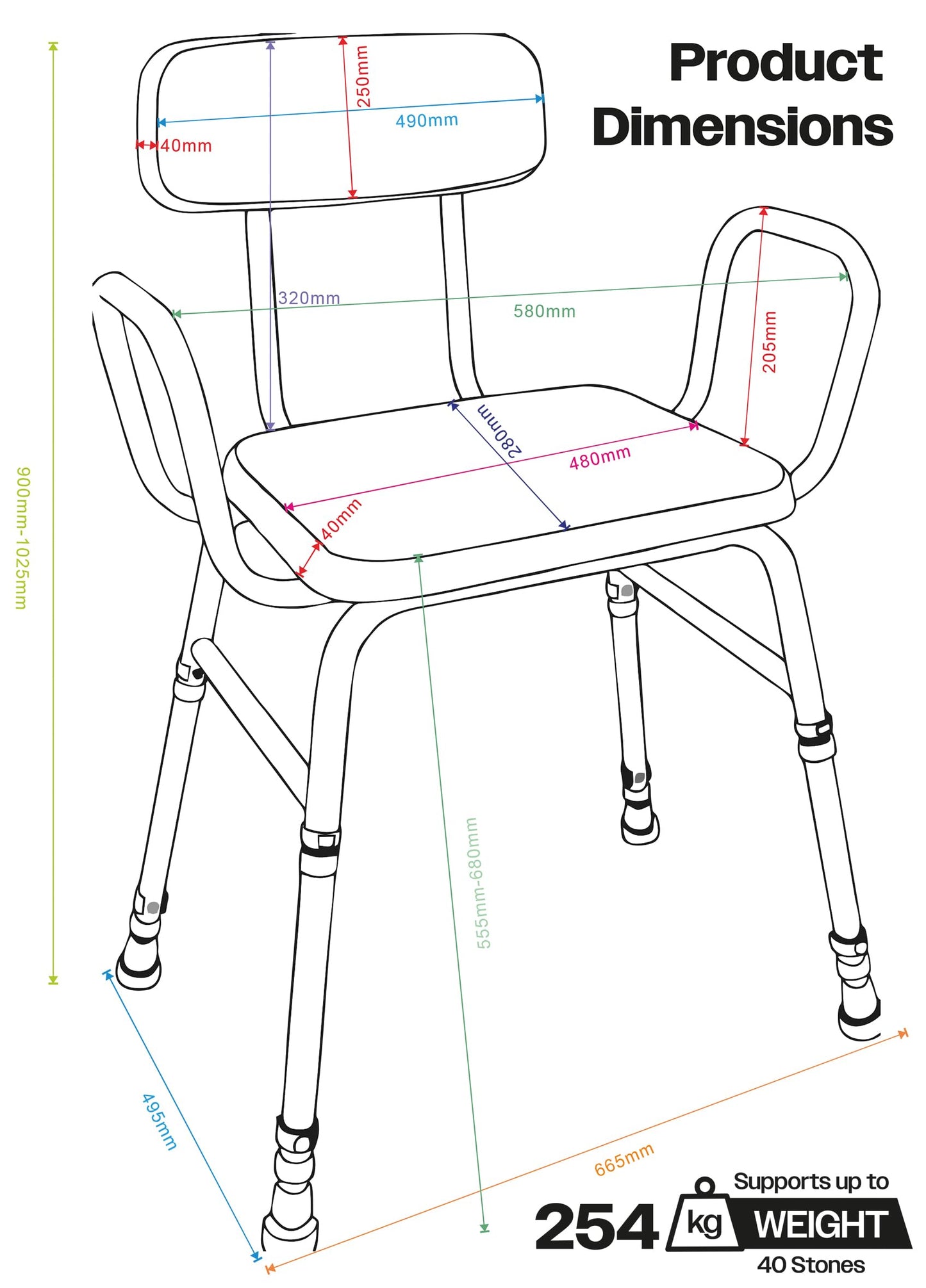 Aidapt 4in1 Bariatric Perching Stool. Padded Back Extra Wide Seat, Height Adjustable,254kg Weight Limit