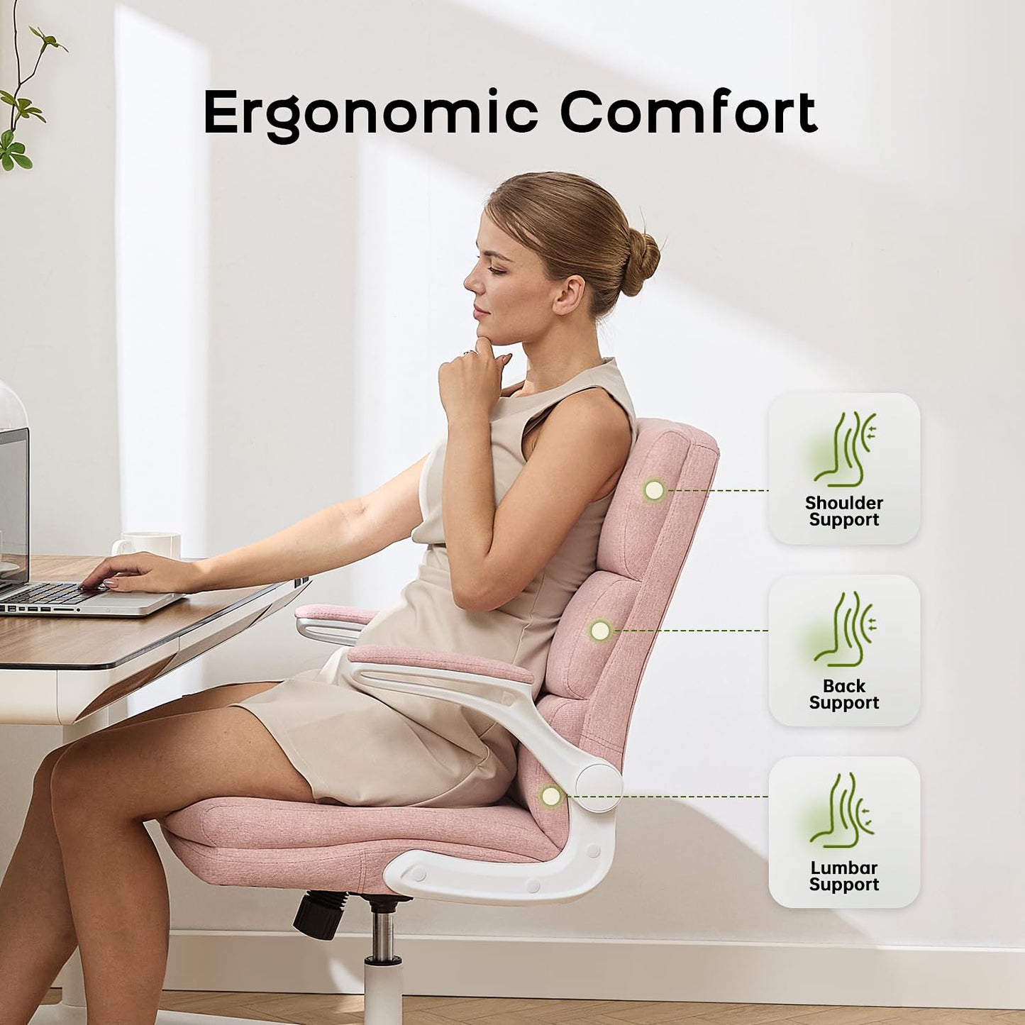 LukkDys Ergonomic Office Chair with 3-Stage Back Support, Executive Fabric Desk Chair with Flip-up Armrests