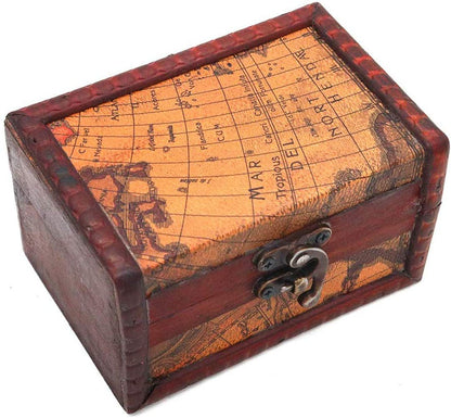 POFET Vintage Metal Lock Wooden Storage Box Jewelry Treasure Organizer Chest Case Gift Box - Map