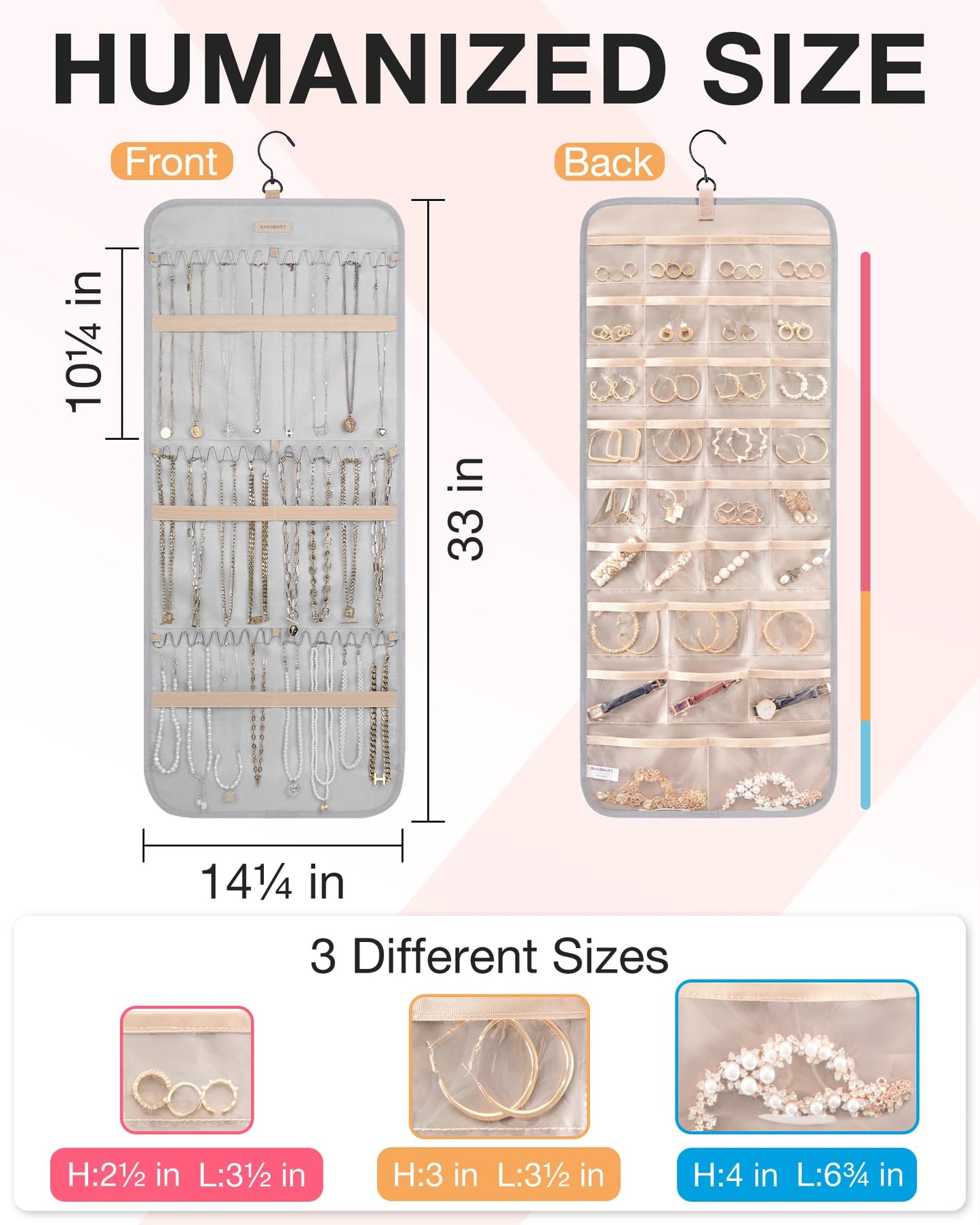 bagsmart Dual-sided Jewellry Organizer Hanging with Metal Hooks,40 Pockets and 3 Wave-Shaped Hooks,Jewelry Roll for Earrings,Necklaces,Rings on
