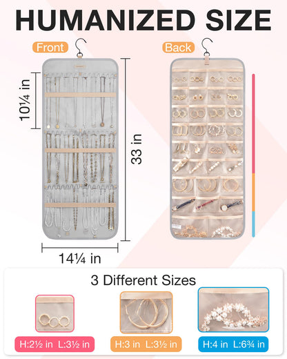 bagsmart Dual-sided Jewellry Organizer Hanging with Metal Hooks,40 Pockets and 3 Wave-Shaped Hooks,Jewelry Roll for Earrings,Necklaces,Rings on