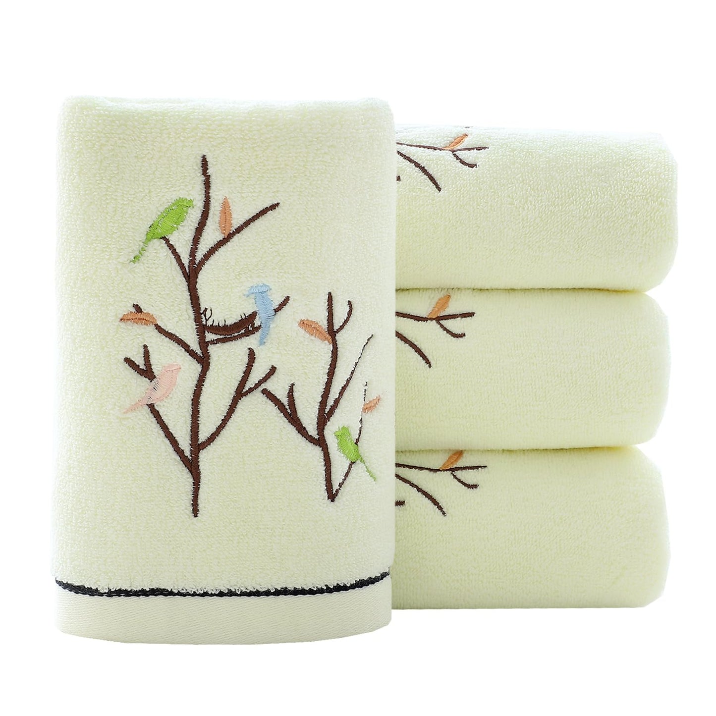 Pidada Hand Towels Set of 4 Embroidered Bird Tree Pattern 100% Cotton Absorbent Soft Decorative Towel for Bathroom 35 x 75 cm (Light Yellow)