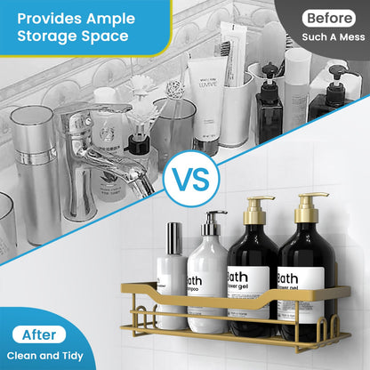 BATHDESIGN Shower Caddy Organizer, Single Pack, Shelves for Shampoo Soap, Waterproof Adhesive Holder, No Drilling, Wall Mounted Self, Matte Gold
