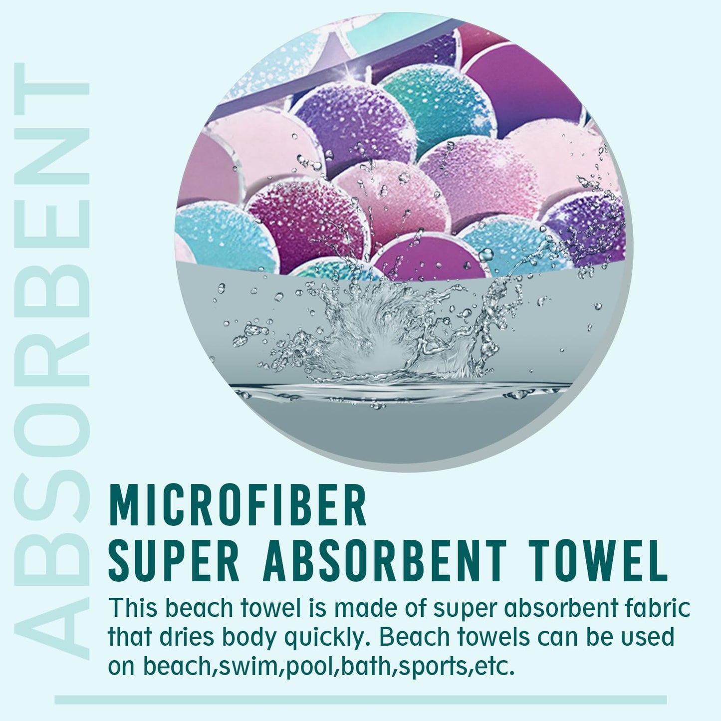 Gelasgo Mermaid Microfibre Beach Towel - 60"x30" Large Lightweight Soft Quick-Dry Towel for Adults, Ultra Absorbent & Dual-Sided Sand Free