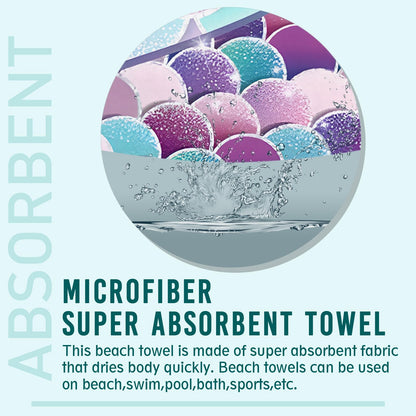 Gelasgo Mermaid Microfibre Beach Towel - 60"x30" Large Lightweight Soft Quick-Dry Towel for Adults, Ultra Absorbent & Dual-Sided Sand Free