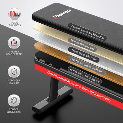 PASYOU PW100 Weight Bench, Heavy Duty Workout Bench with Max Load 660KG, 90MM Thickness Pad & Adjustable Foot Caps, Weight Bench for Home Gym Weight