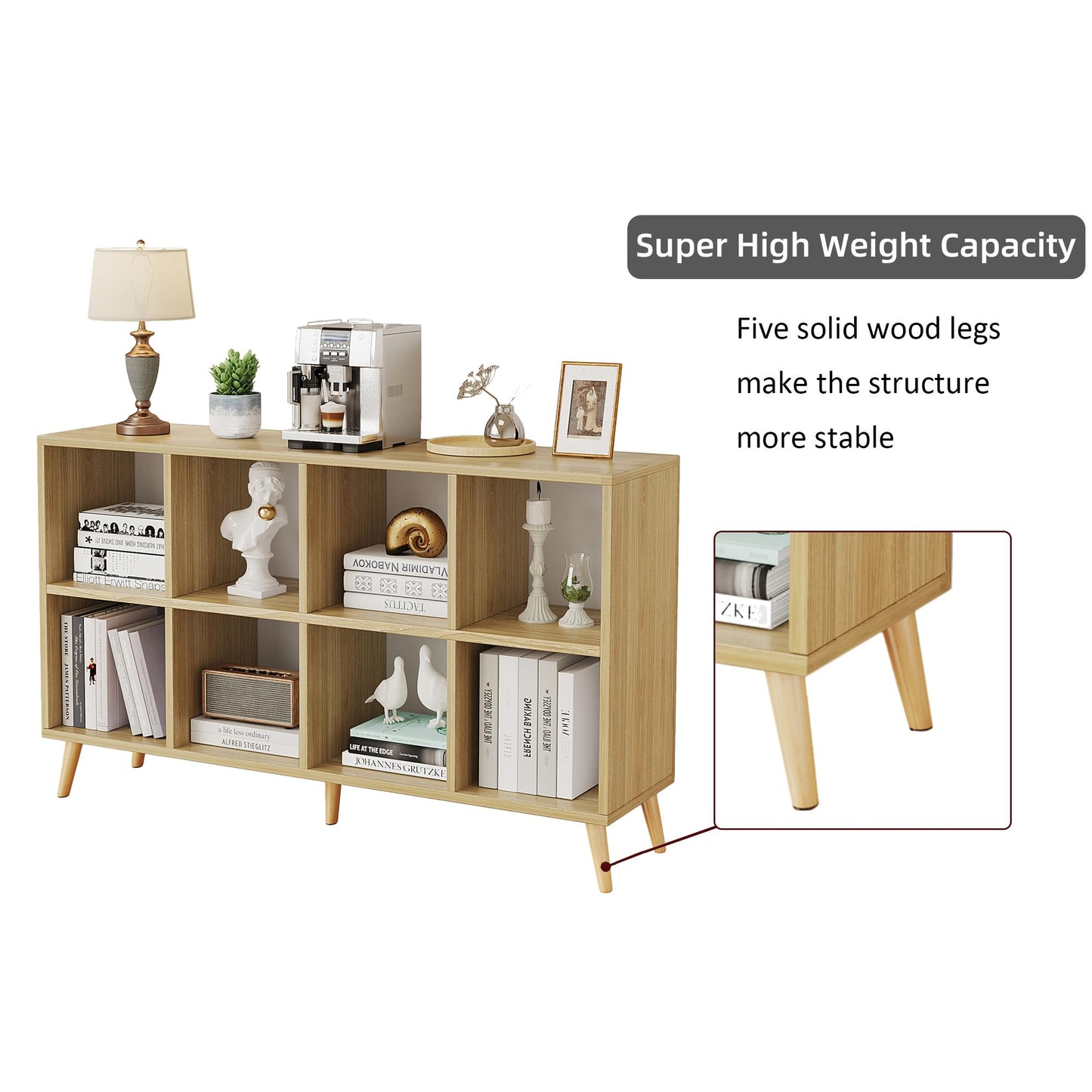 Flrrtenv 8-Cube Bookshelf 2 Tier Retro Bookcase with Legs, 120cm Wood Bookshelves Storage Organizer Shelf