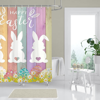 BREASOME Spring Easter Bunny Shower Curtain 180 x 180 cm Cute Rabbit Egg Floral Shower Curtain for Bathroom Decor Mould Proof Waterproof Polyester