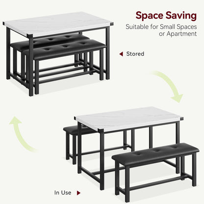 GarveeHome Dining Table with 2 Benches, 3 Piece Kitchen Table Set, Space Saving Dining Room Furniture, Metal Frame