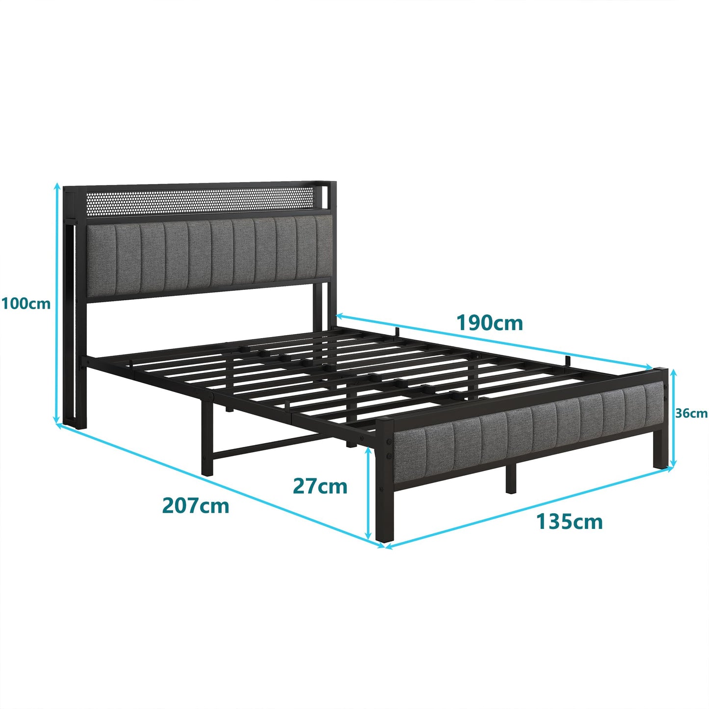 Diahomy 4ft6 Double Bed Frame With Storage Headboard, Dark Grey