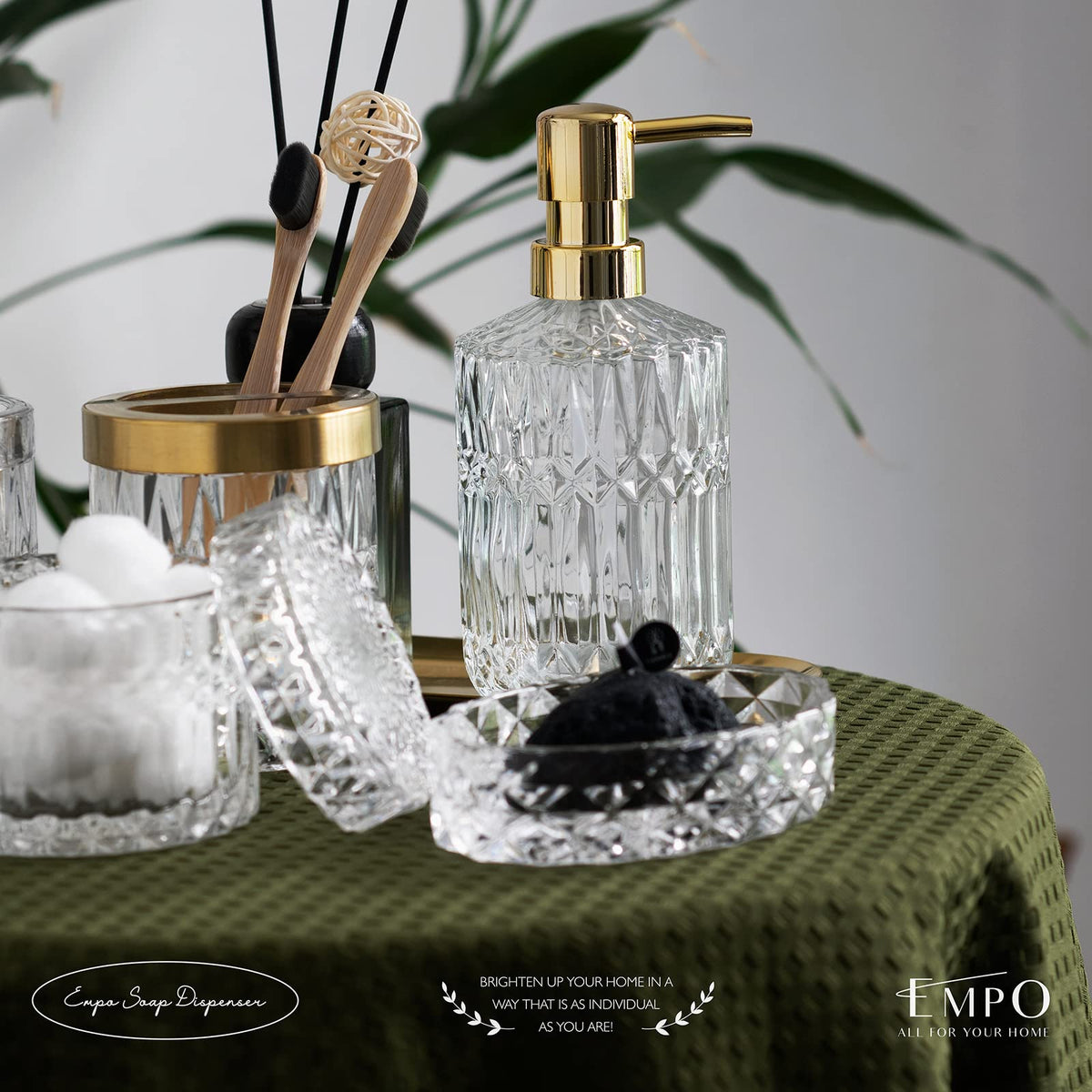 EMPO 6PCS Bathroom Clear Glass Accessories Set (Lotion Soap Dispenser, Soap Dish, Toothbrush Holder, Tumbler, Cotton Swab Jar)