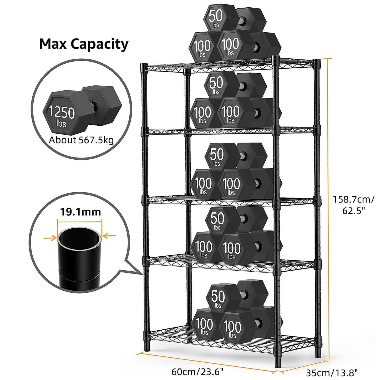 M MZG Height Adjustable Shelves,Heavy Duty Wire Pantry Shelving for Tool Sheds, Garage, and Storehouse,Metal,Black,5 tier, 35 x 60 x 158.7 cm
