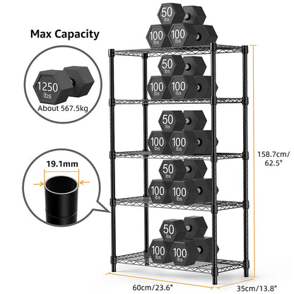 M MZG Height Adjustable Shelves,Heavy Duty Wire Pantry Shelving for Tool Sheds, Garage, and Storehouse,Metal,Black,5 tier, 35 x 60 x 158.7 cm