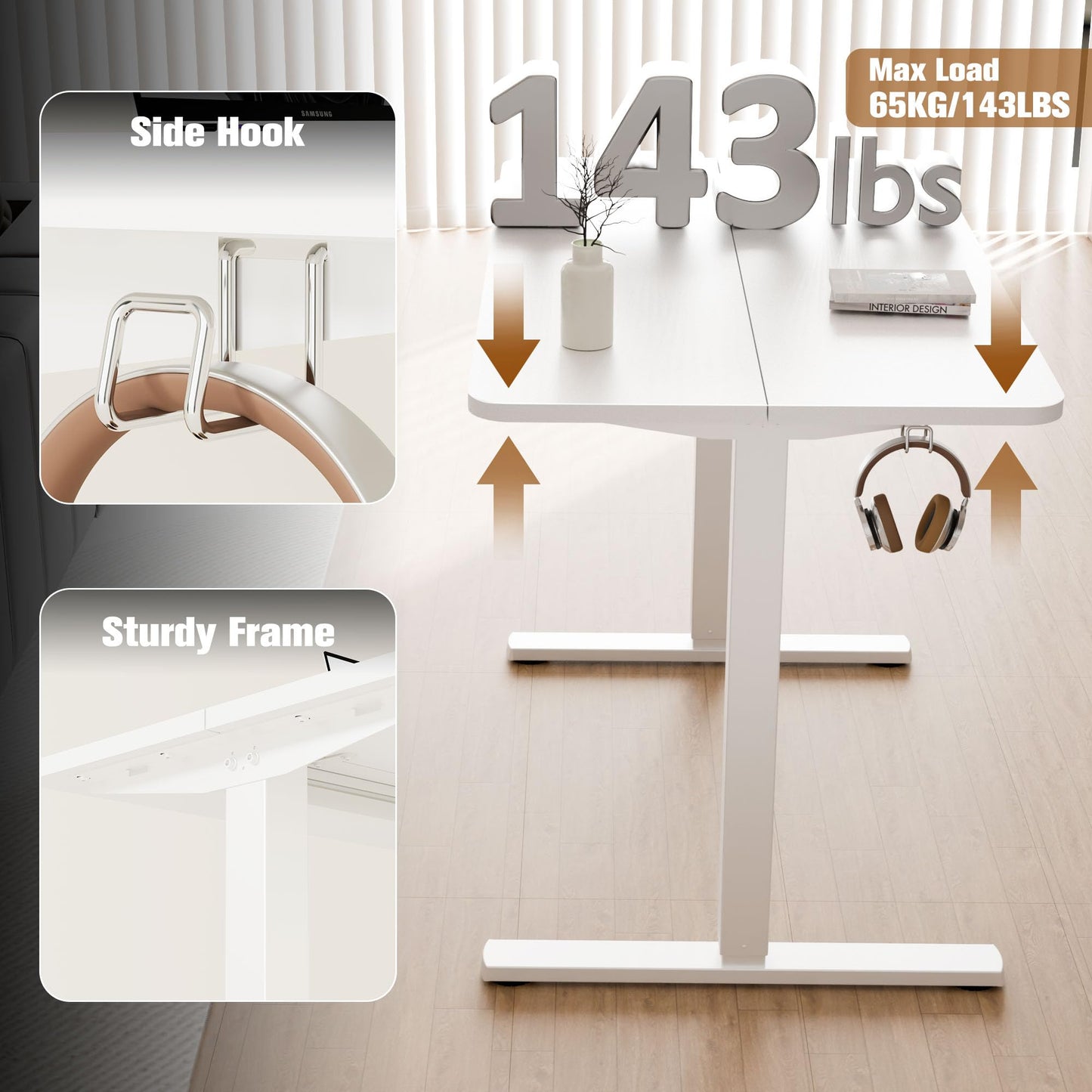 ERGOMAKER Electric Standing Desk 110x60cm, Height Adjustable Desk with Memory Handset, Stand Up Desk with Hooks for Home Office, White