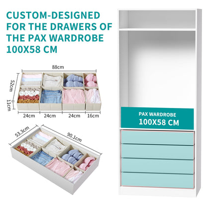 ORLISA Drawer Organiser for PAX 100 Drawers (100x58cm), 8 Pack Closet Organiser Set, Fabric Drawer Dividers & Wardrobe Organisers for Clothes Storage