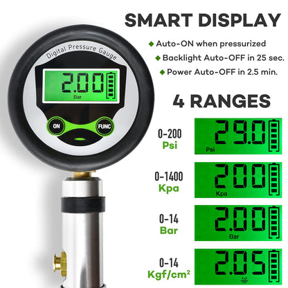 Digital Bicycle Tire Inflator Gauge with Auto-Select Valve Type - Presta and Schrader Air Compressor Tool