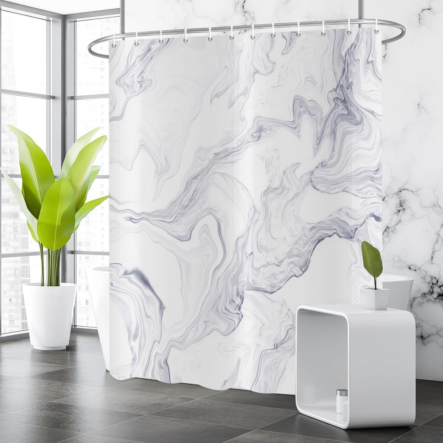 GCIREC Shower Curtain, 180x200cm, White with Purple Texture Ink Marble Modern Art Waterproof Fabric Machine Washable Bathroom Curtain with Hooks