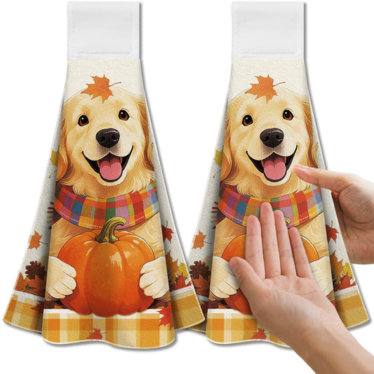 CUTHOLLOW Dog and Autumn Pumpkin Hanging Kitchen Towels with Loop, Set of 2 - Soft & Super Absorbent Microfiber Decorative Hanging Dish & Hand Towel,
