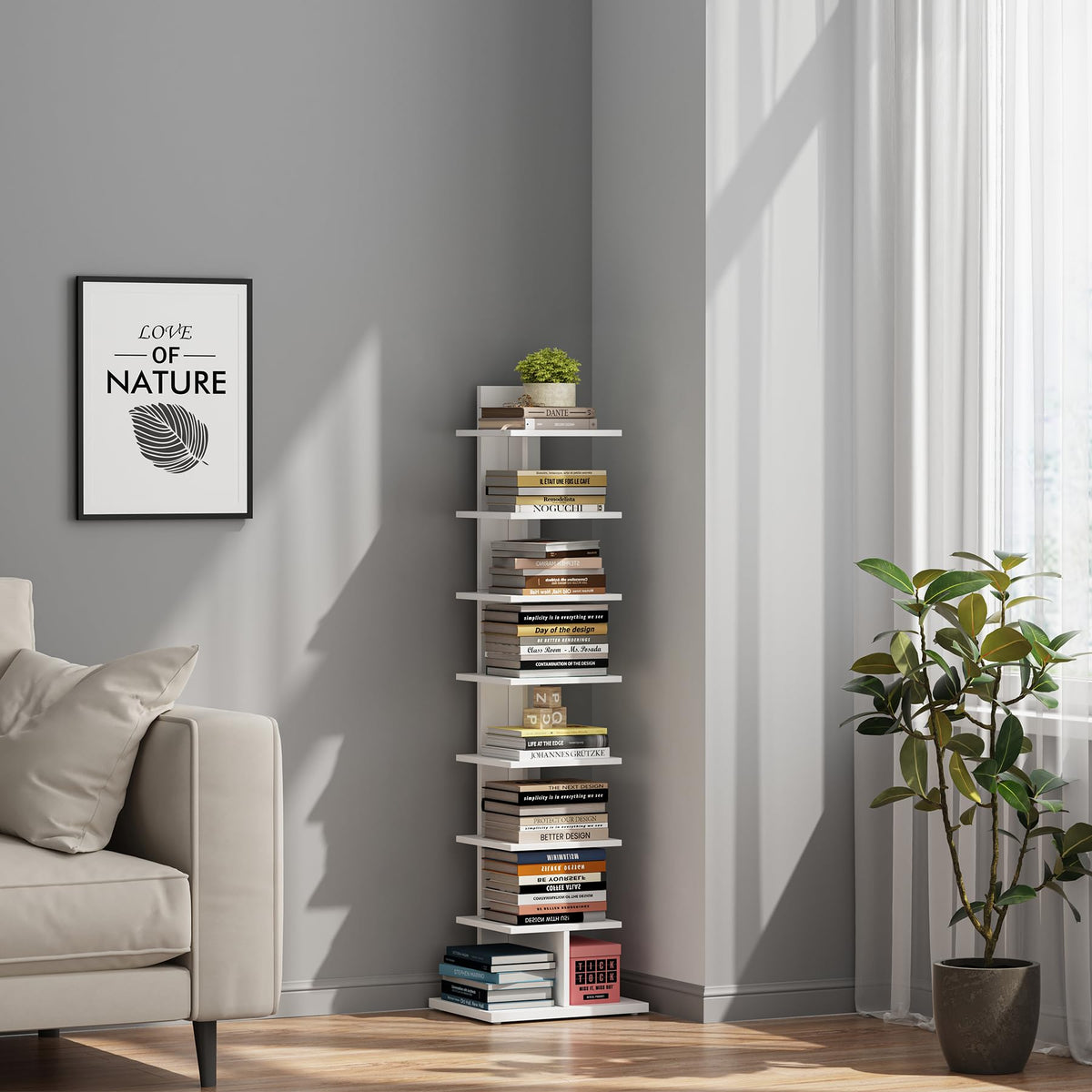 TUTOTAK Vertical Bookshelf, 8-Tier Bookcase, Narrow Spine Book Shelf for Small Space, Corner Standing Shelf for Living Room, Office, Study, Entryway