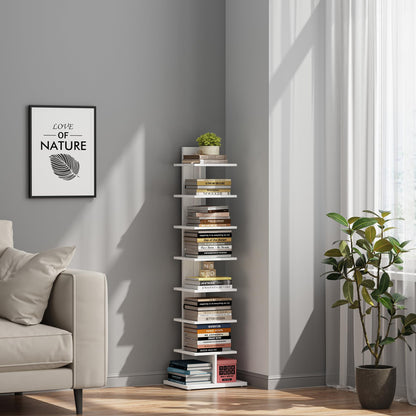 TUTOTAK Vertical Bookshelf, 8-Tier Bookcase, Narrow Spine Book Shelf for Small Space, Corner Standing Shelf for Living Room, Office, Study, Entryway