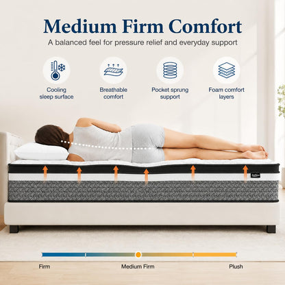 Bednew Double Mattress, 32cm Hybrid Mattresses Double Size 4FT6, Memory Foam & Individually Pocket Spring for Pain Relief, Medium Firm Mattresses