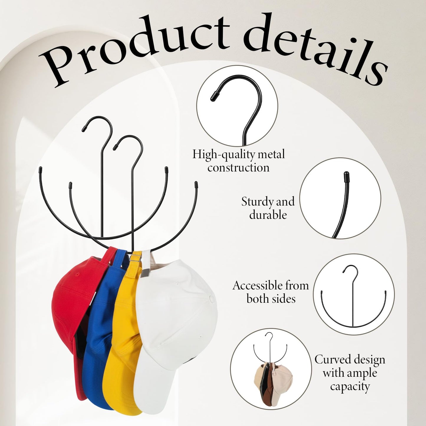 Tweruna 2 Pack Hat Hangers for Closet, Metal Closet Cap Holder for Baseball Caps, Black Hats Racks Baseball Cap Holder