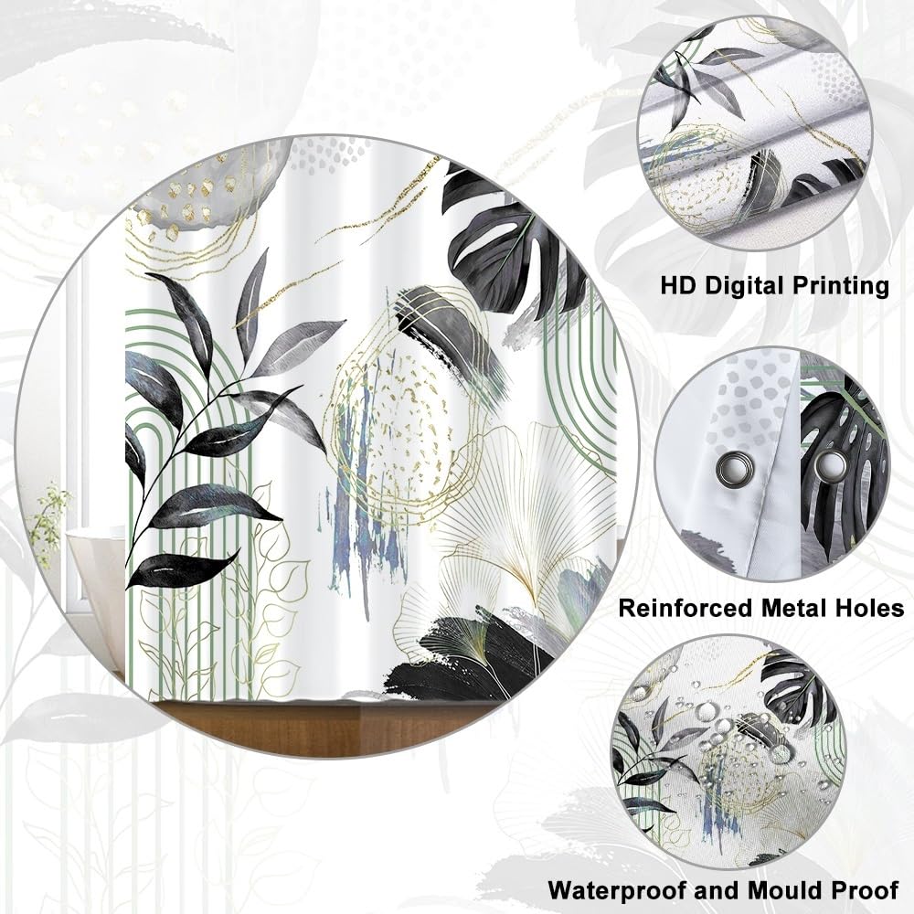 Uiiooazy Anti-Mould Shower Curtain, 150 x 180 cm, Black Tropical Palm Leaves Jungle Abstract Bath Curtains Washable Fabric Waterproof Bathroom
