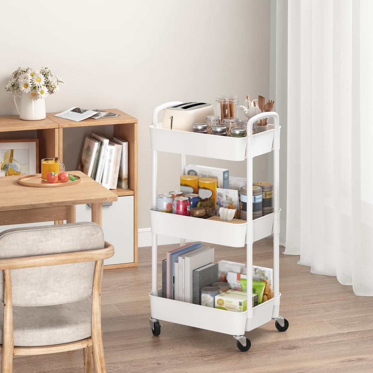 Sywhitta 3-Tier Plastic Rolling Utility Cart with Handle, Multi-Functional Storage Trolley for Office, Living Room, Kitchen