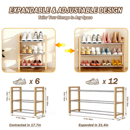 LEMIKKLE Shoe Rack Wooden, 3-Tier Oak Shoe Rack Expandable Stainless Steel Design, Ideal for Small Shoe Storage for Narrow Space
