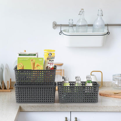 Bringer 6 Pack Plastic Woven Storage Basket with Lid, Stackable Lidded Storage Bins for Bathroom Kitchen Pantry Classroom, Grey