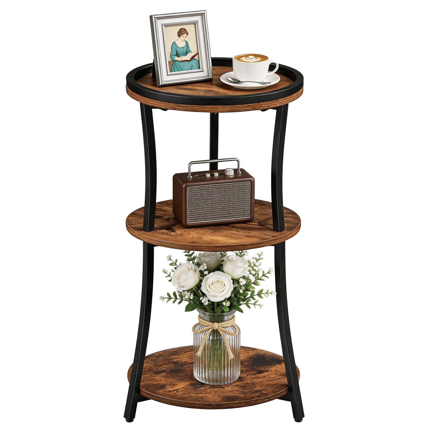 MAHANCRIS Round Side Table, 3-Tier Small End Table with Raised Edge, Nightstand with Storage Shelves, Industrial Coffee Table, for Living Room