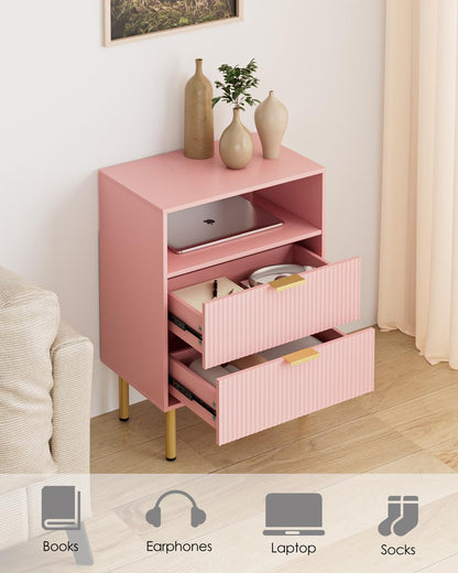 Apetaccat Bedside Table with 2 Drawers, Modern Bedside Cabniet with Metal Legs, Fluted Nightstand, Side Table for Bedroom, Living Room, Office, Pink