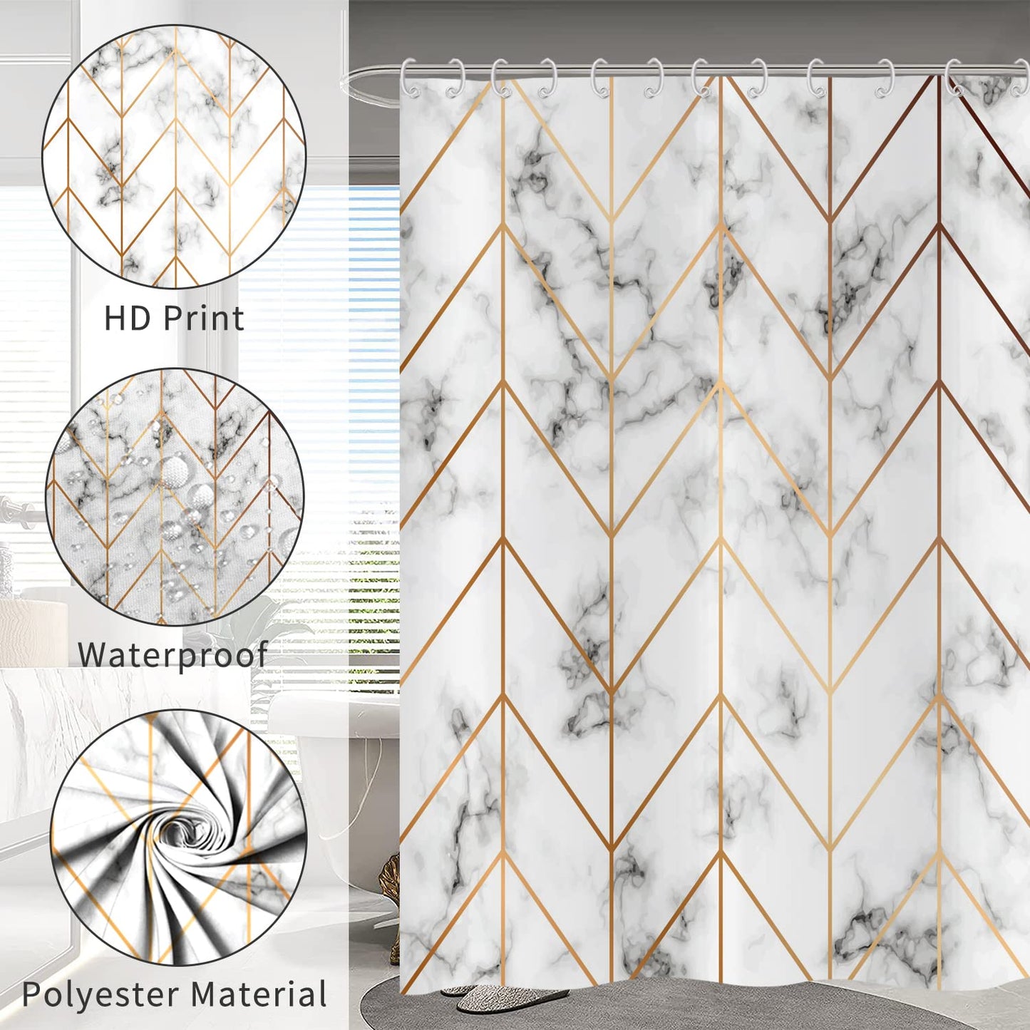 Hnmdmyi Marble Shower Curtain 180x180, Grey and White Shower Curtains Gold Geometric Line Abstract Modern Luxury Art Bathroom Curtains Waterproof